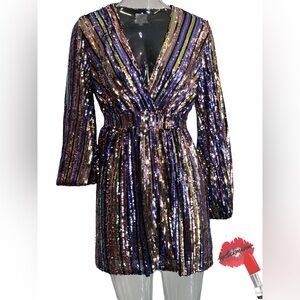 Dee Elly Colorful Sequin Dress Women XS Wrap Tie Wedding Guest‎ Party Cocktail